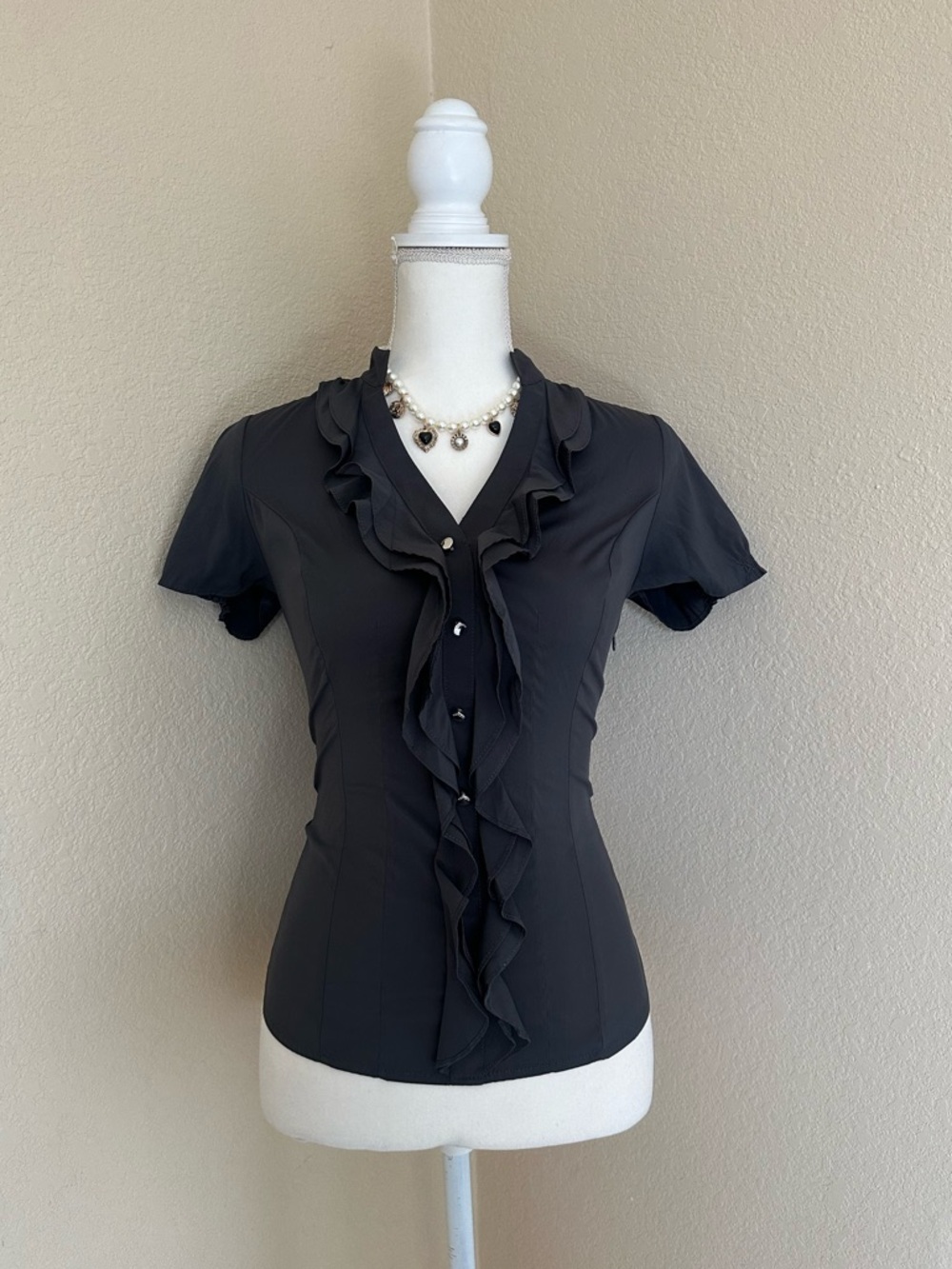 Express Gray Ruffle Front Short-Sleeve Blouse XS Dark Academia Office Business